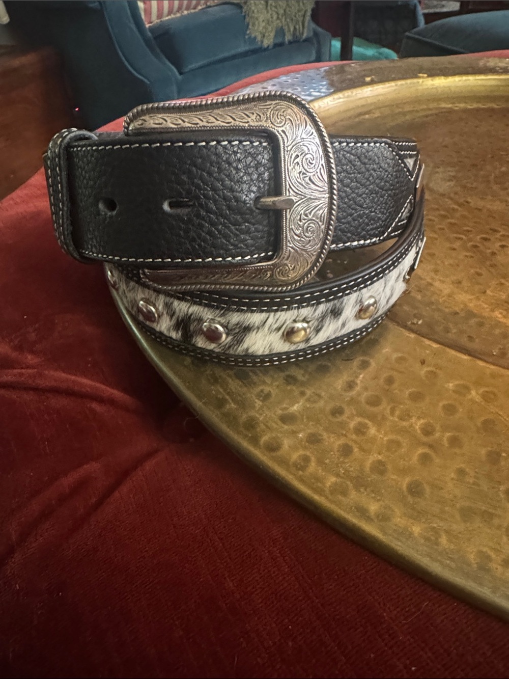 Men's Black Leather Belt with Hair-On Cowhide Accent and Engraved Silver Buckle